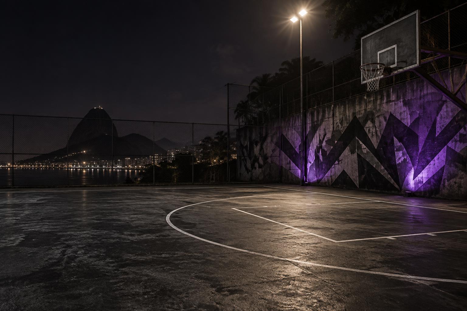 Quadra de basquete urbana à noite, iluminada em tons de roxo