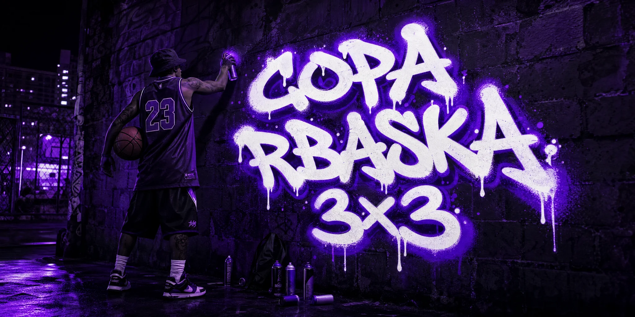 Arte urbana de um jogador de basquete grafitando COPA RBASKA 3X3 em uma parede, sob iluminação roxa